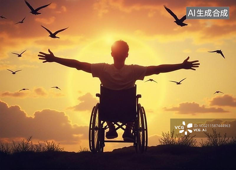 【AI数字艺术】残疾人坐轮椅举起双手，面对夕阳背影图片素材