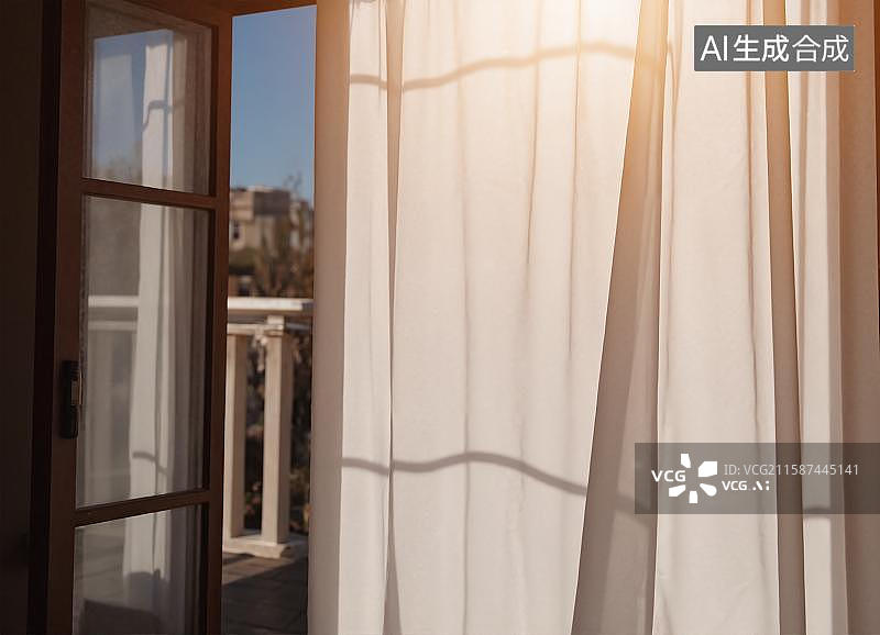 【AI数字艺术】明亮阳光洒进窗户，窗帘随风飘图片素材