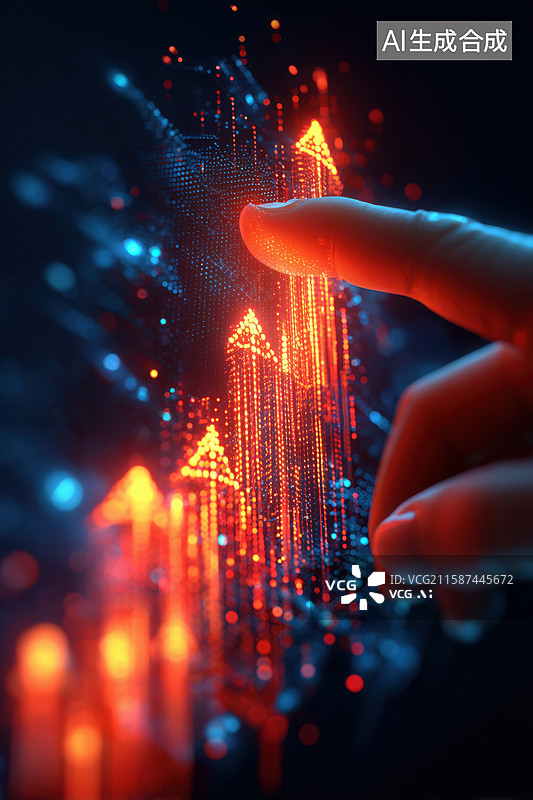 【AI数字艺术】黑背景手指前的彩色金融图表上涨箭头标识3D立体背景图片素材