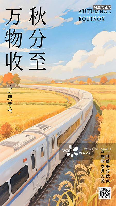 【AI数字艺术】秋分田野中穿梭的高铁插画海报图片素材