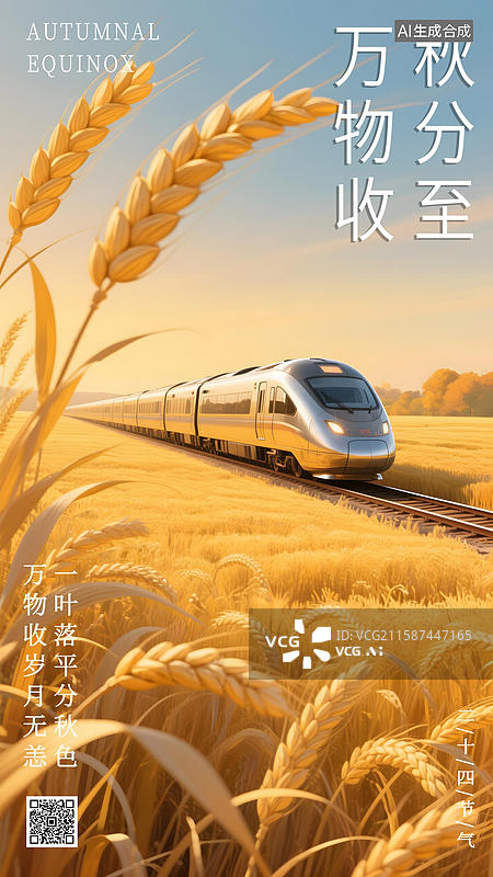 【AI数字艺术】秋分田野中穿梭的高铁3D插画海报图片素材