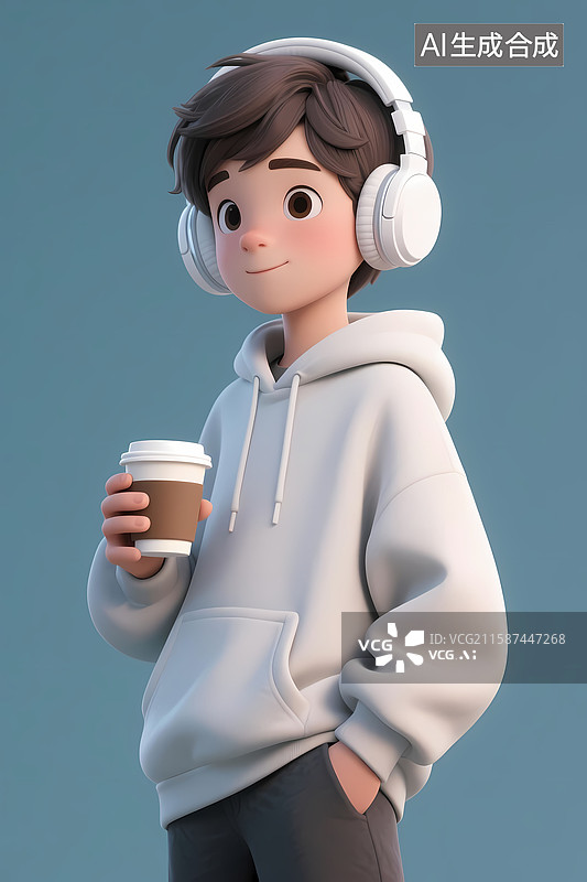 【AI数字艺术】3d立体卡通插画穿卫衣男性戴耳机拿着咖啡杯半身像图片素材
