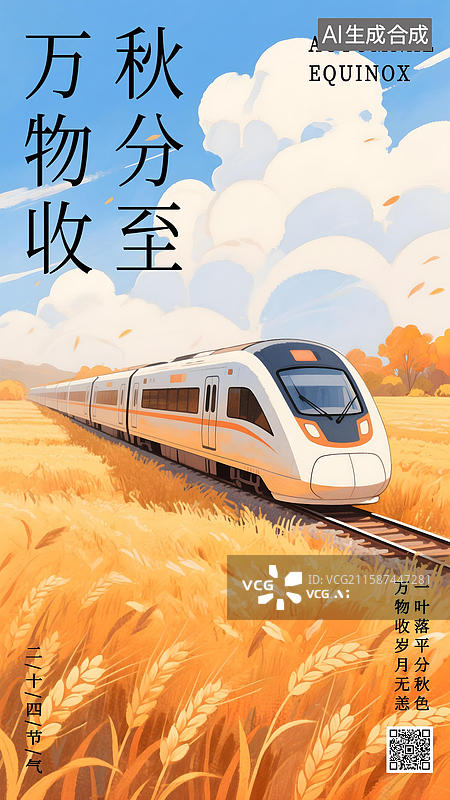 【AI数字艺术】秋分田野中穿梭的高铁插画海报图片素材