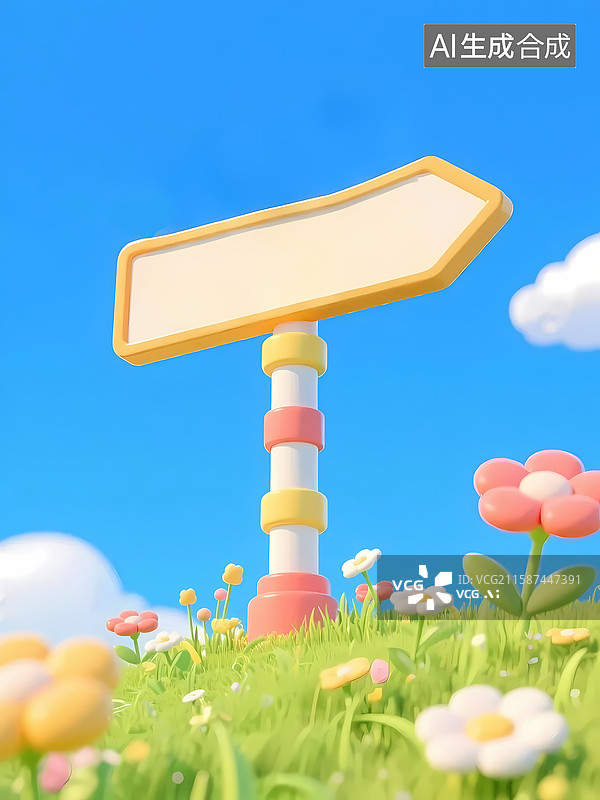 【AI数字艺术】3d立体卡通插画蓝天白云路口路牌指示牌图片素材