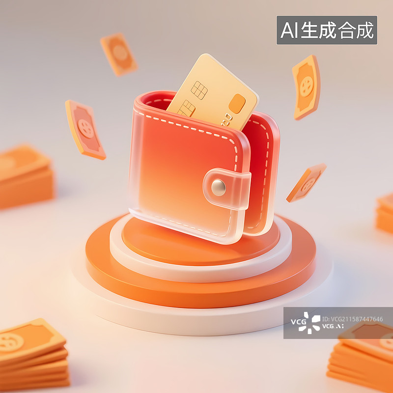 【AI数字艺术】3d立体卡通插画钱包卡券底座橙色红色图片素材