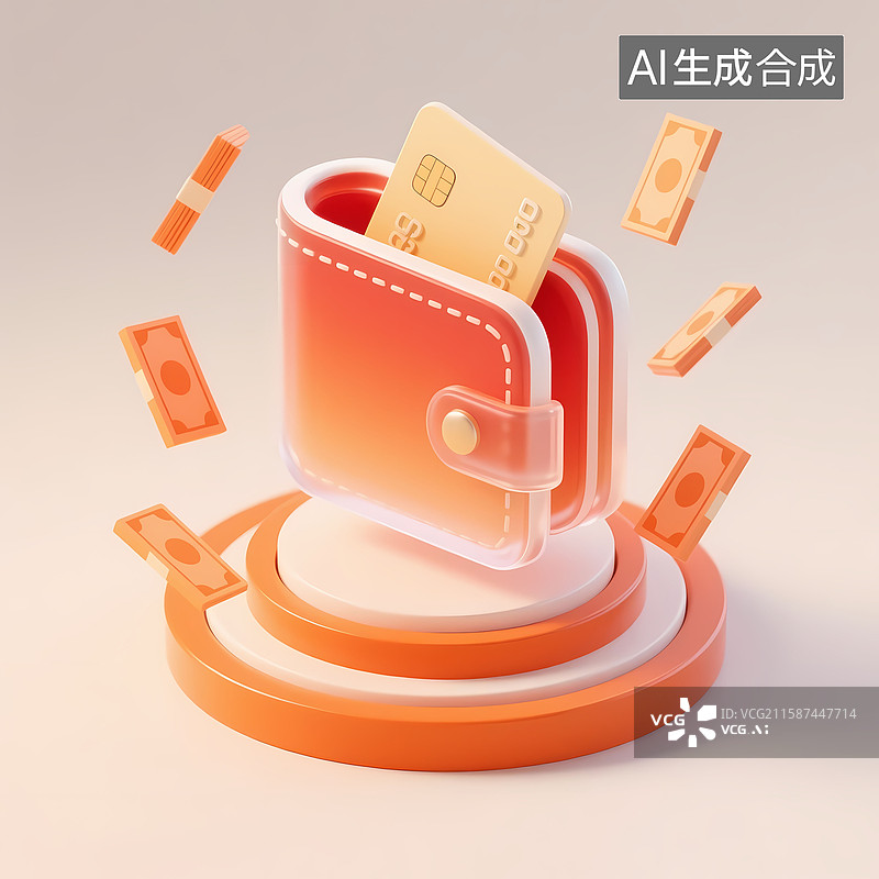 【AI数字艺术】3d立体卡通插画钱包卡券底座橙色红色图片素材