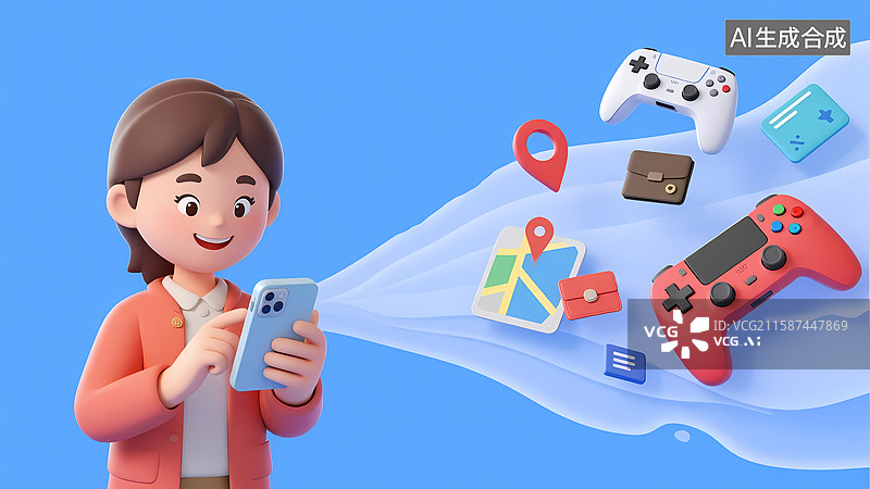 【AI数字艺术】3d立体卡通插画女性看手机多功能应用显现图片素材