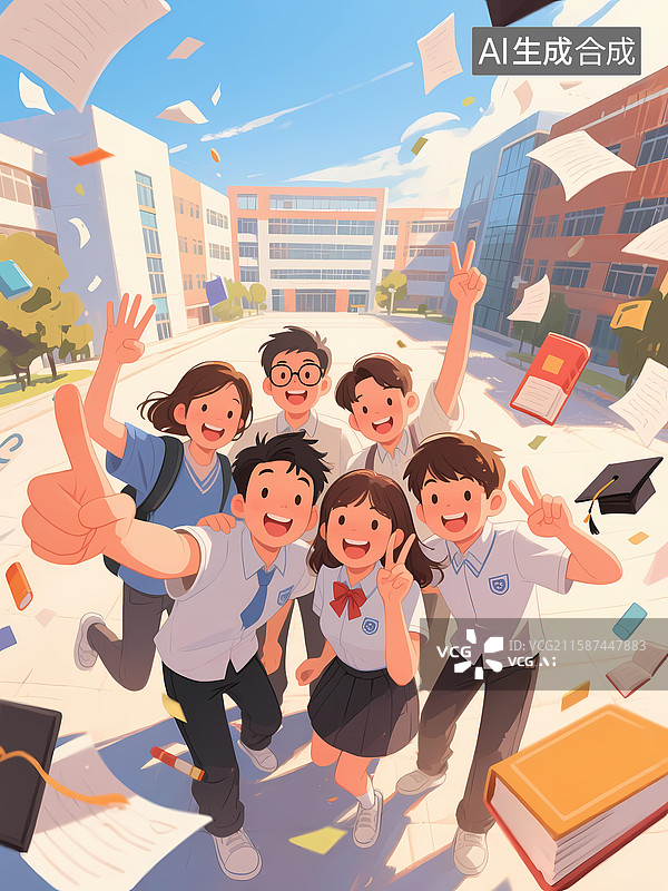 【AI数字艺术】2d平面卡通插画学生毕业合拍纪念欢乐手势学士帽书本动态图片素材
