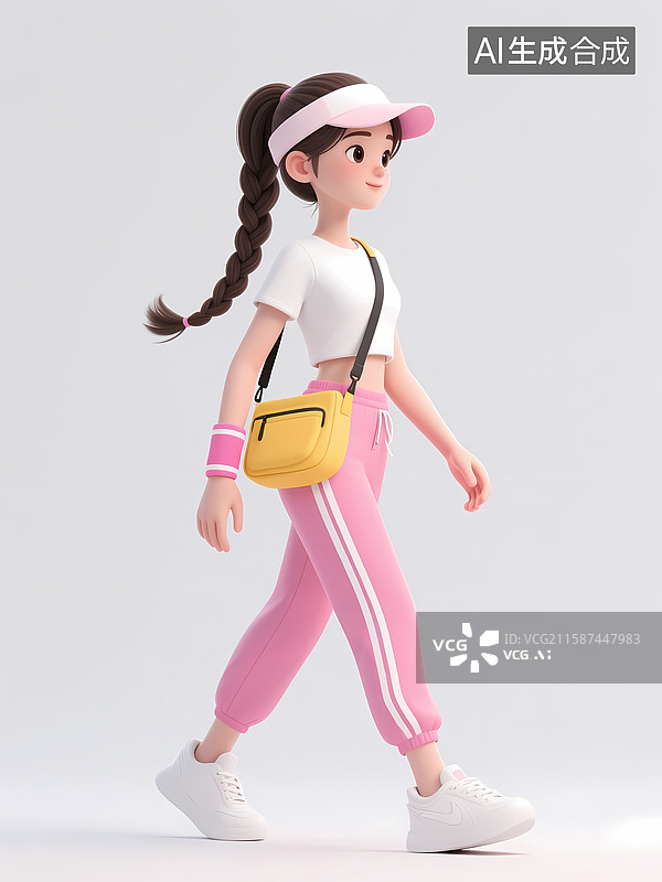【AI数字艺术】3d立体卡通插画遮阳帽粉色运动裤女孩步行全身像图片素材