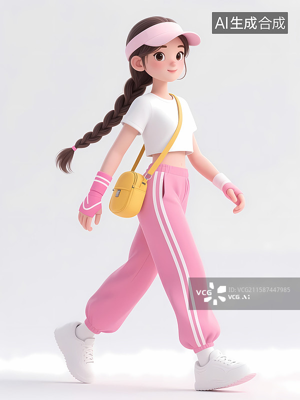 【AI数字艺术】3d立体卡通插画遮阳帽粉色运动裤女孩步行全身像图片素材