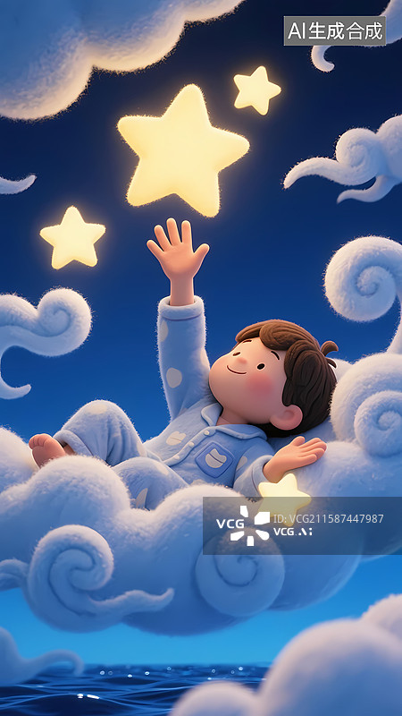 【AI数字艺术】3d立体卡通插画男孩躺在夜空中的云朵里摘星星图片素材