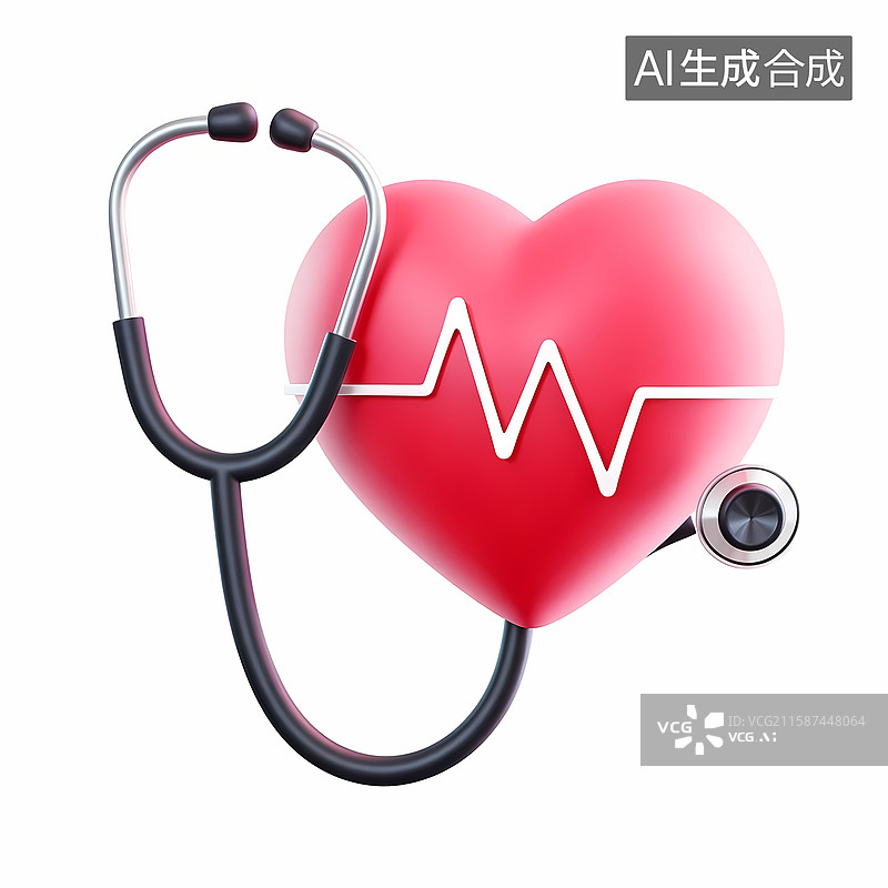 【AI数字艺术】3d立体卡通插画听诊器红心波形图标图片素材