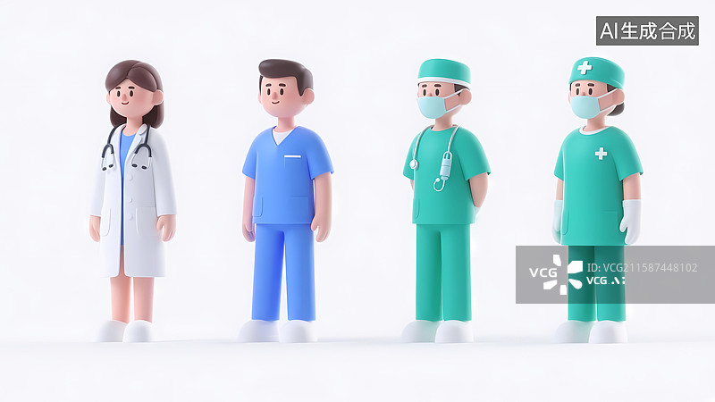 【AI数字艺术】3d立体卡通插画穿制服医疗医护团队四人专业亲切图片素材