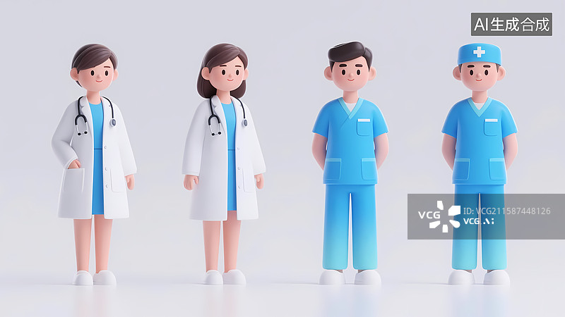 【AI数字艺术】3d立体卡通插画穿制服医疗医护团队四人专业亲切图片素材