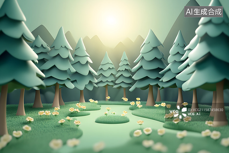 【AI数字艺术】3D松柏森林树林图片素材