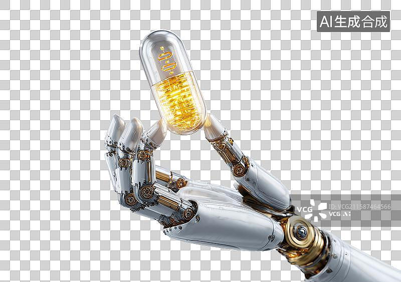 【AI数字艺术】机械臂握持发光药丸图片素材