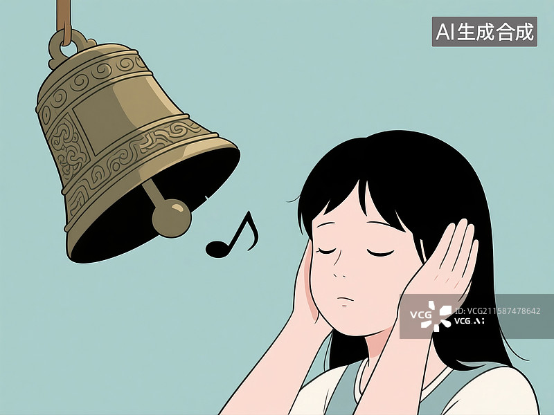 【AI数字艺术】漫画中古代洪钟发声与捂耳闭眼的青年女性图片素材