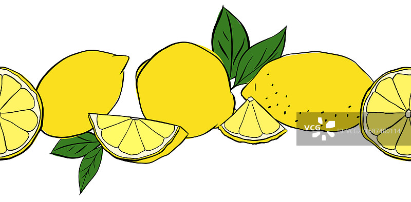 整颗柠檬、切片和叶子横放排列图片素材