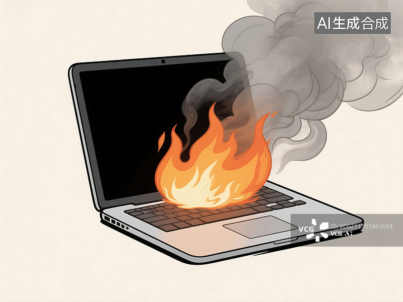 【AI数字艺术】漫画中大火烟雾弥漫下着火的电脑图片素材