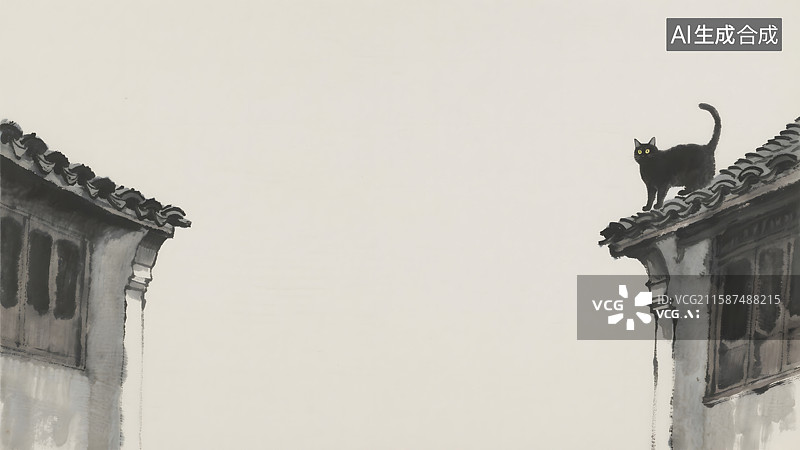 【AI数字艺术】在屋顶上的猫水墨画背景两侧图片素材