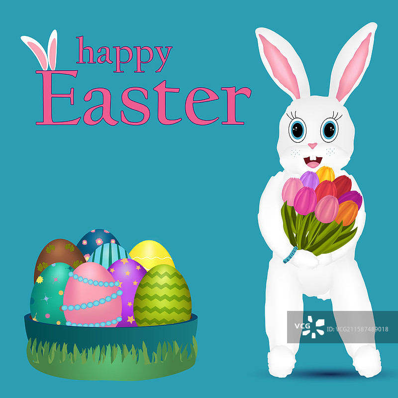 可爱的复活节兔子与郁金香和五彩缤纷的彩蛋图片素材