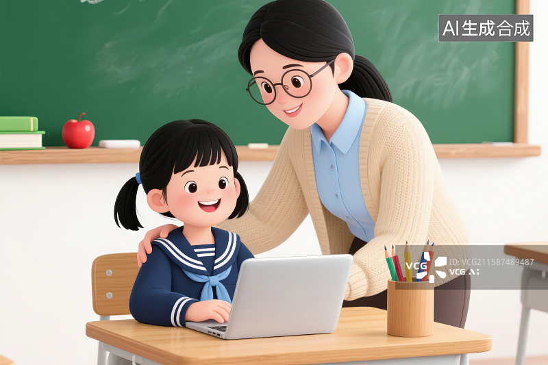 【AI数字艺术】卡通风格女老师和女小学生在教室里使用笔记本电脑进行学习图片素材