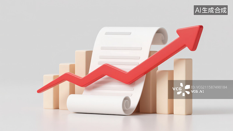 【AI数字艺术】一卷展开的卷轴搭配红色立体箭头和后面的立体柱状图，数据增长业务上升商业发展概念图片素材