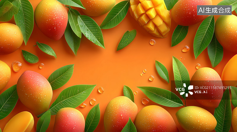 【AI数字艺术】橙色背景上的新鲜芒果与绿叶图片素材