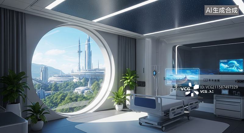 【AI数字艺术】具有圆形大窗的未来感医院病房图片素材