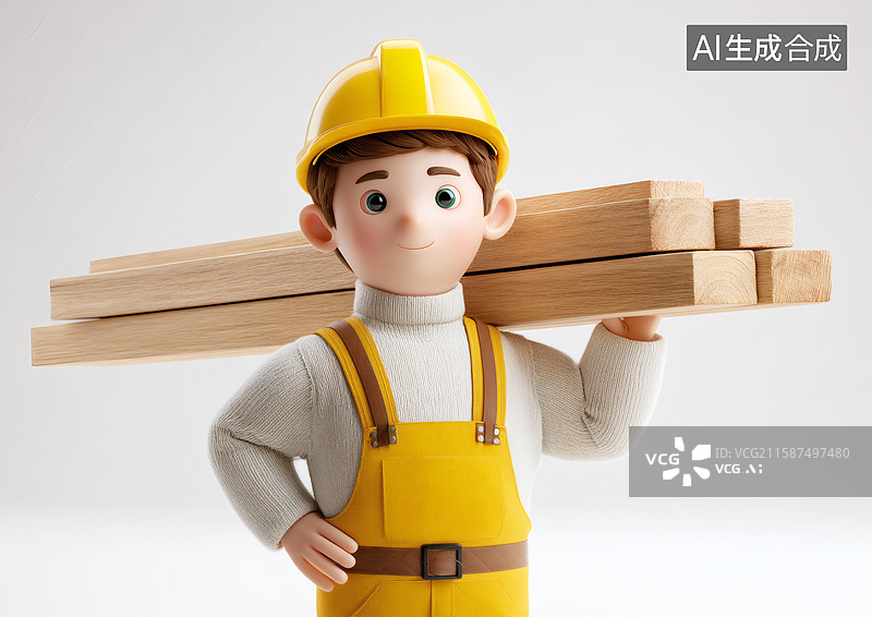 【AI数字艺术】一个卡通木工扛着木头图片素材