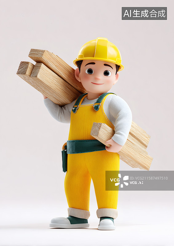 【AI数字艺术】一个卡通木工扛着木头图片素材