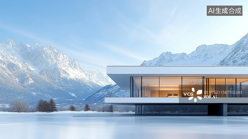 【AI数字艺术】雪山下白色现代建筑别墅和广场图片素材