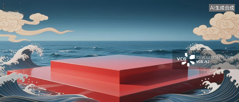 【AI数字艺术】红色方块漂浮海面图片素材