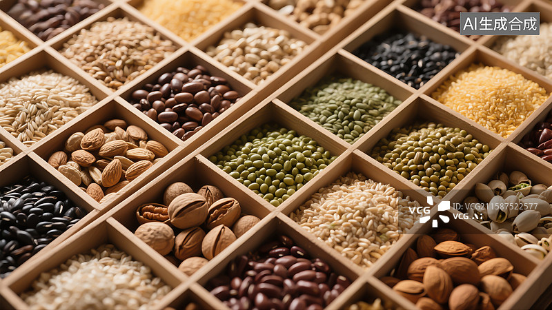 【AI数字艺术】年货，五谷杂粮与坚果，膳食纤维，黑芝麻，黄豆，红豆，黑豆，谷物等图片素材