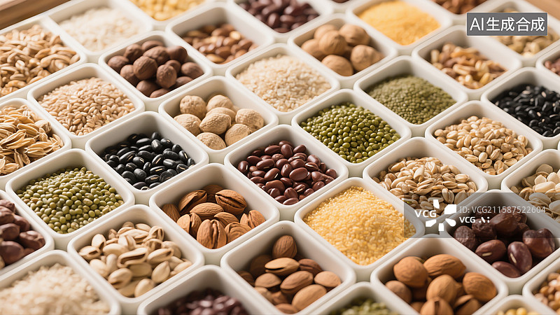【AI数字艺术】年货，五谷杂粮与坚果，膳食纤维，黑芝麻，黄豆，红豆，黑豆，谷物等图片素材