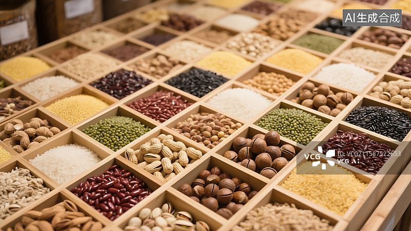 【AI数字艺术】年货，五谷杂粮与坚果，膳食纤维，黑芝麻，黄豆，红豆，黑豆，谷物等图片素材