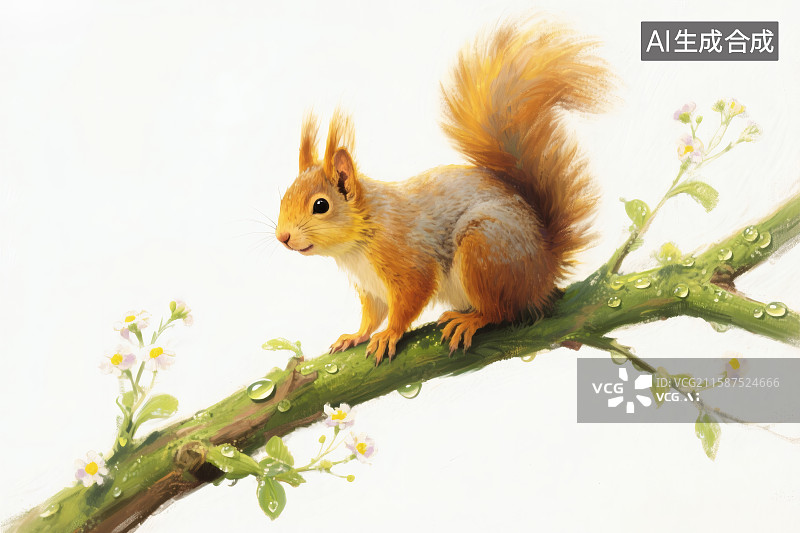 【AI数字艺术】白色背景，树枝上一只灵动的小松鼠图片素材