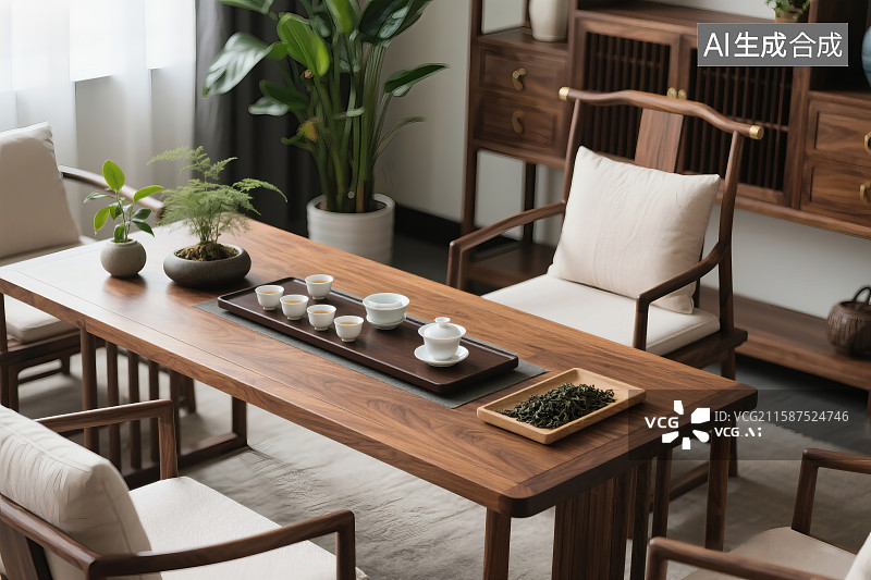 【AI数字艺术】室内会客室，茶桌上的茶具与茶叶图片素材