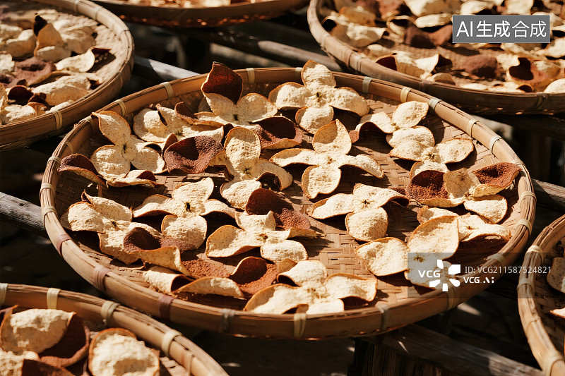 【AI数字艺术】簸箕上的陈皮在太阳下暴晒图片素材