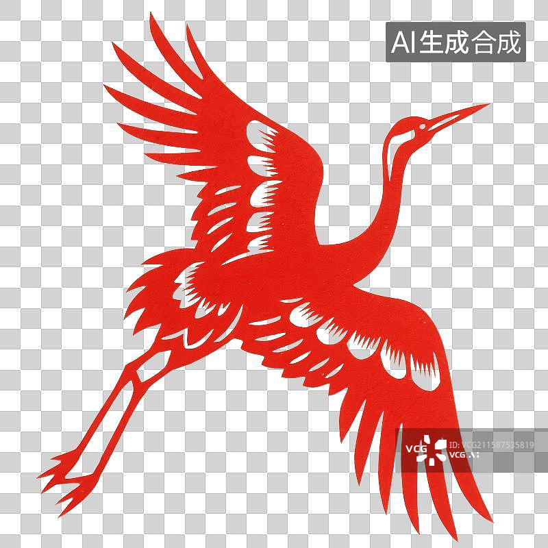 【AI数字艺术】中国风红色剪纸，仙鹤，鹤，丹顶鹤，中国画免抠元素图片素材
