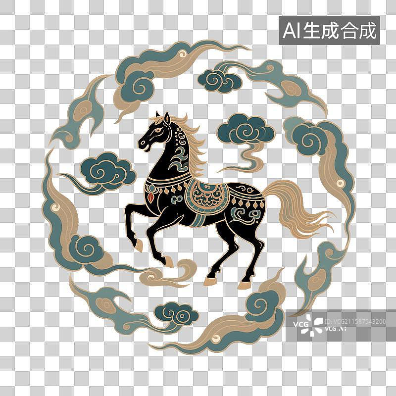 【AI数字艺术】国风手绘插画，马，马年，马，十二生肖，祥云和马，传统图案，圆形纹样，免抠元素图片素材