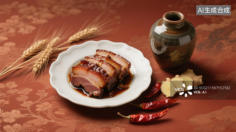 【AI数字艺术】中式传统美食酱肉腊肉配酒场景图，节气麦穗姜蒜点缀图片素材