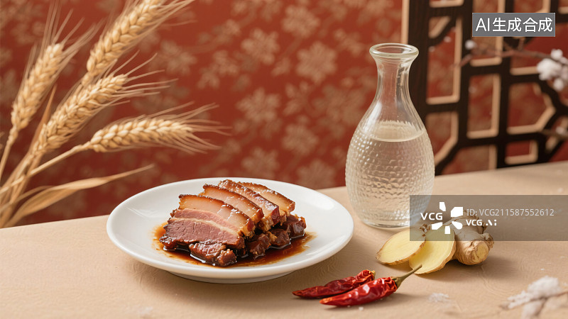 【AI数字艺术】中式传统美食酱肉腊肉配酒场景图，节气麦穗姜蒜点缀图片素材