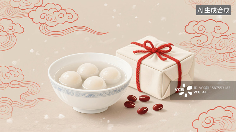 【AI数字艺术】中式云纹背景配汤圆与礼盒，节气元宵节氛围插画图片素材