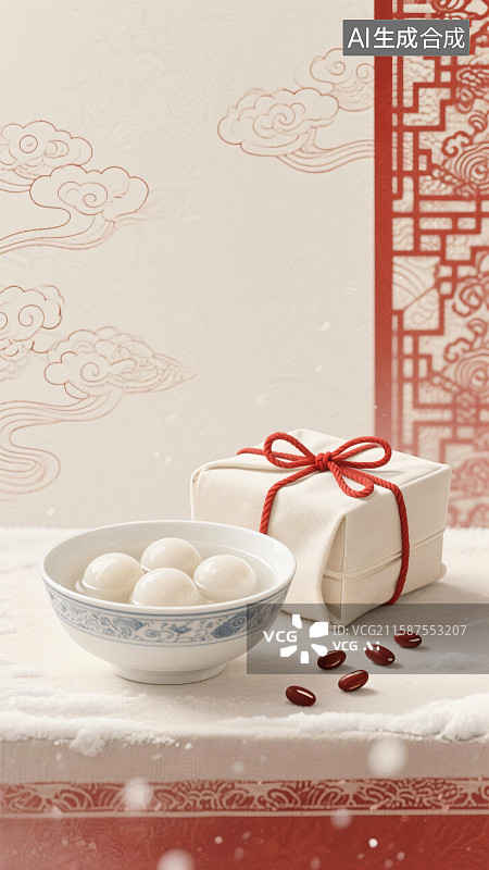 【AI数字艺术】中式云纹背景配汤圆与礼盒，节气元宵节氛围插画图片素材