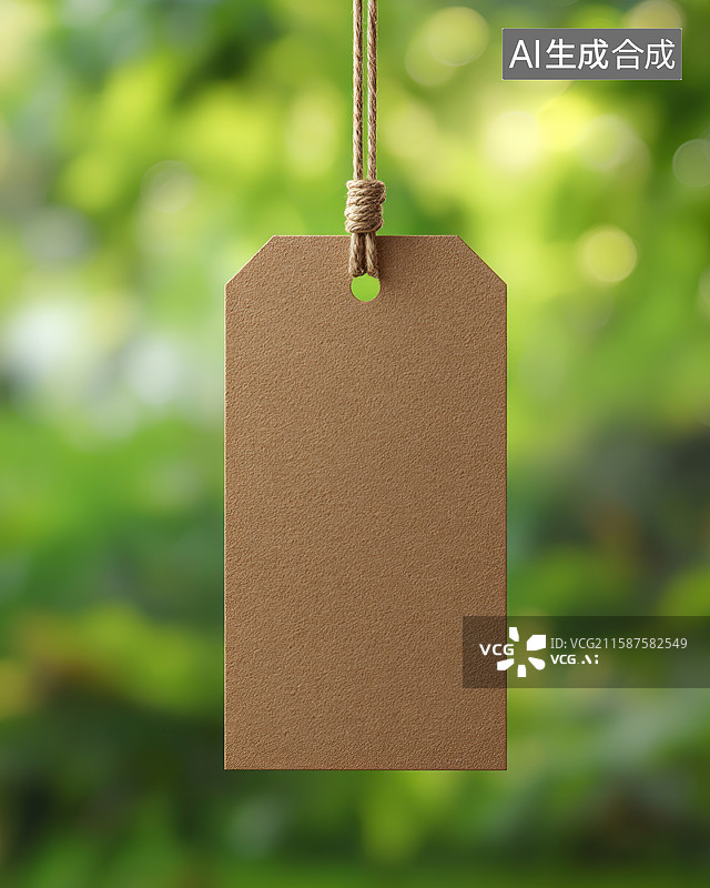 【AI数字艺术】挂在绿色背景前的棕色空白标签图片素材