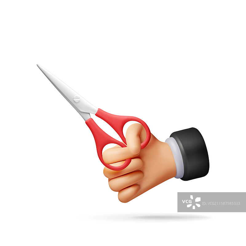 手中握着红色塑料把手的3D剪刀图片素材
