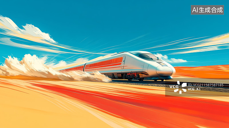 【AI数字艺术】高速列车疾驰在晴朗天空下图片素材
