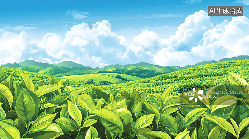 【AI数字艺术】夏天的茶园茶树低视角风景插画图片素材