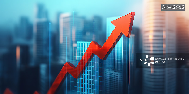 【AI数字艺术】城市高楼背景下上涨的红色箭头象征着经济和股市繁荣图片素材